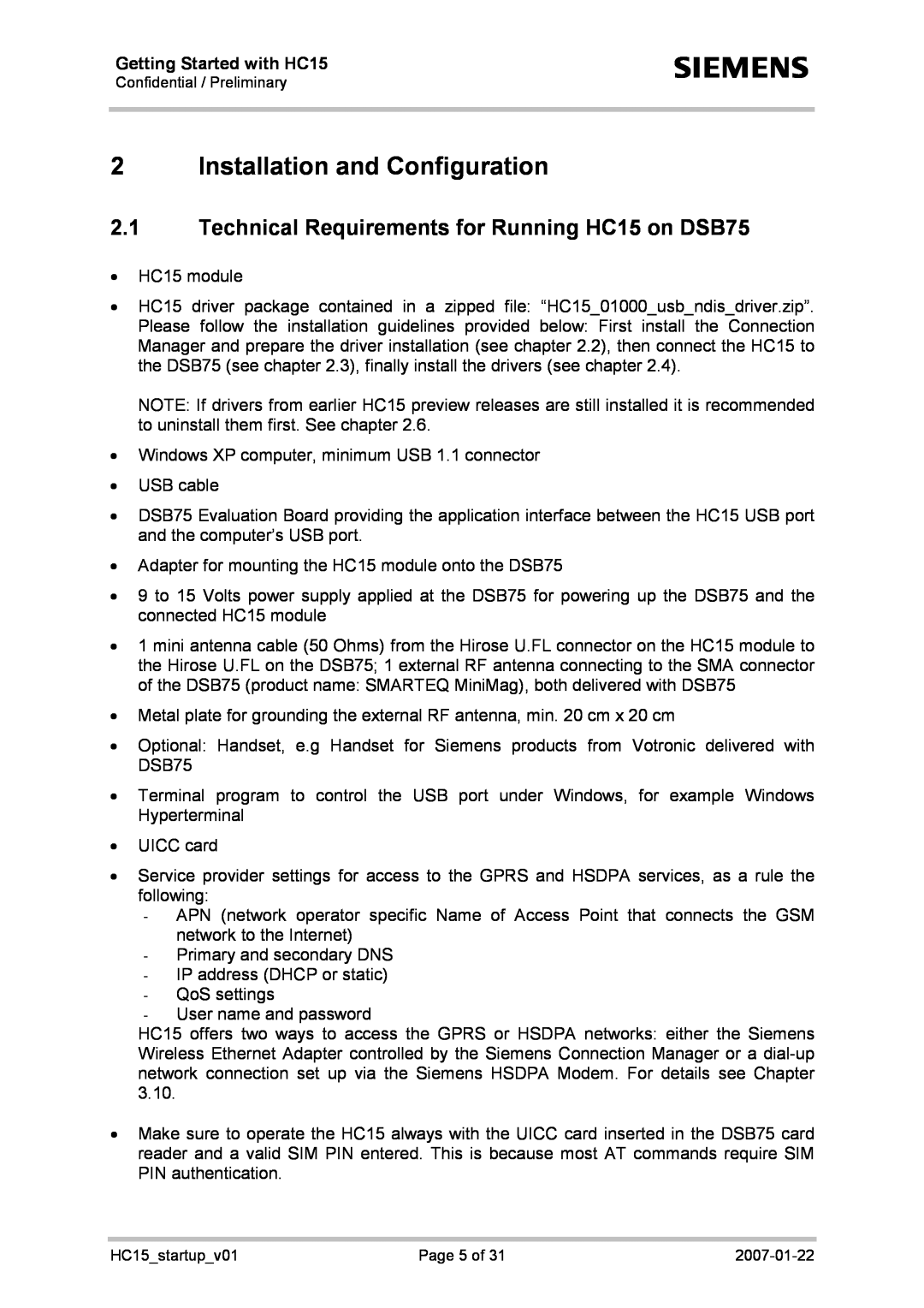 Siemens Installation and Configuration, Technical Requirements for Running HC15 on DSB75, Getting Started with HC15 