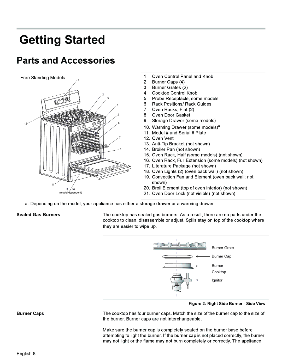 Siemens HD2528U, HD2525U manual Getting Started, Parts and Accessories, Sealed Gas Burners, Burner Caps 