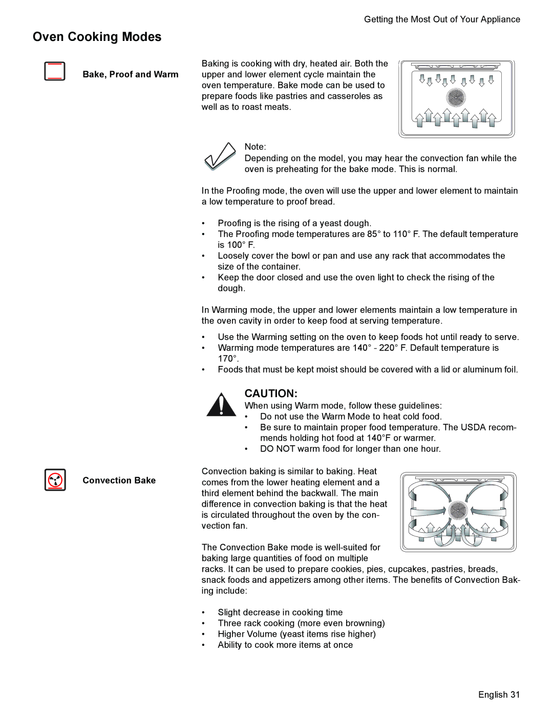 Siemens HD2525U, HD2528U manual Oven Cooking Modes, Bake, Proof and Warm Convection Bake 