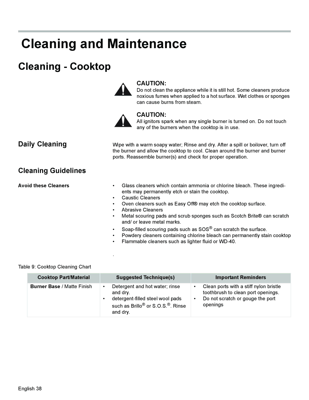 Siemens HD2528U Cleaning and Maintenance, Cleaning Cooktop, Daily Cleaning, Cleaning Guidelines, Avoid these Cleaners 