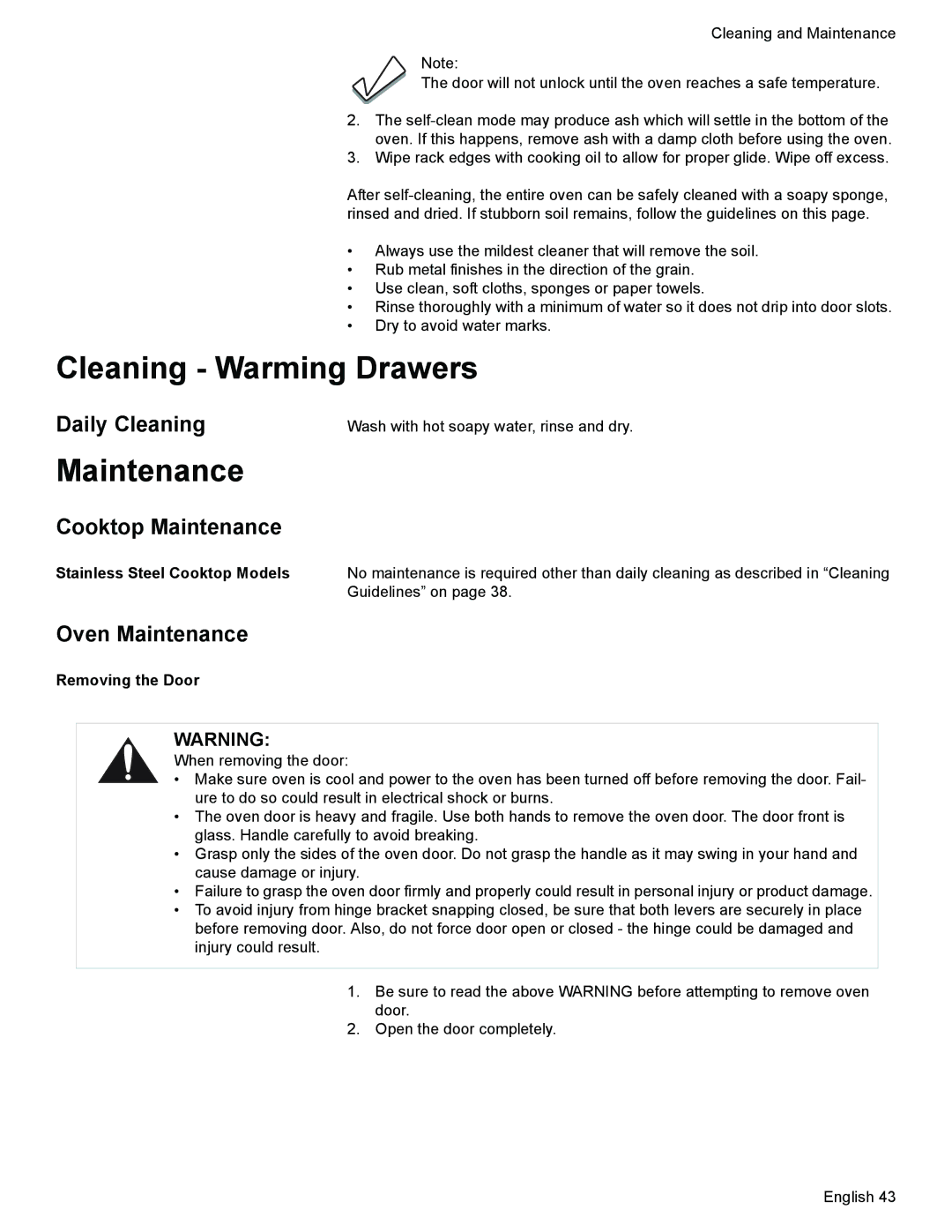 Siemens HD2525U, HD2528U manual Cleaning Warming Drawers, Cooktop Maintenance, Oven Maintenance 