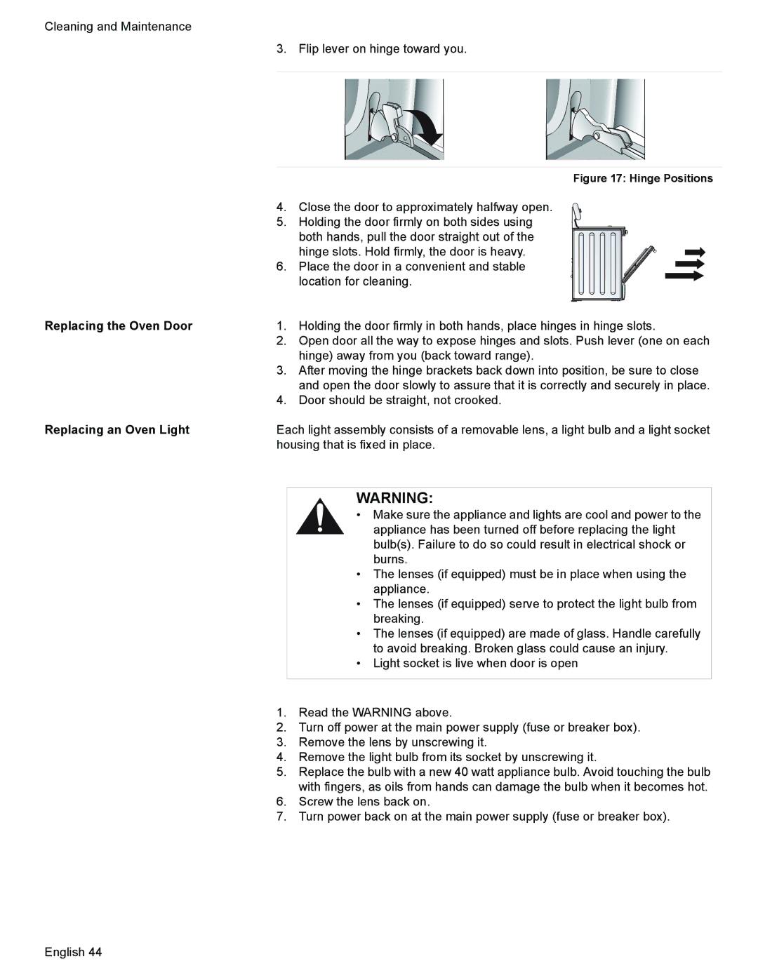 Siemens HD2528U, HD2525U manual Replacing the Oven Door, Replacing an Oven Light 