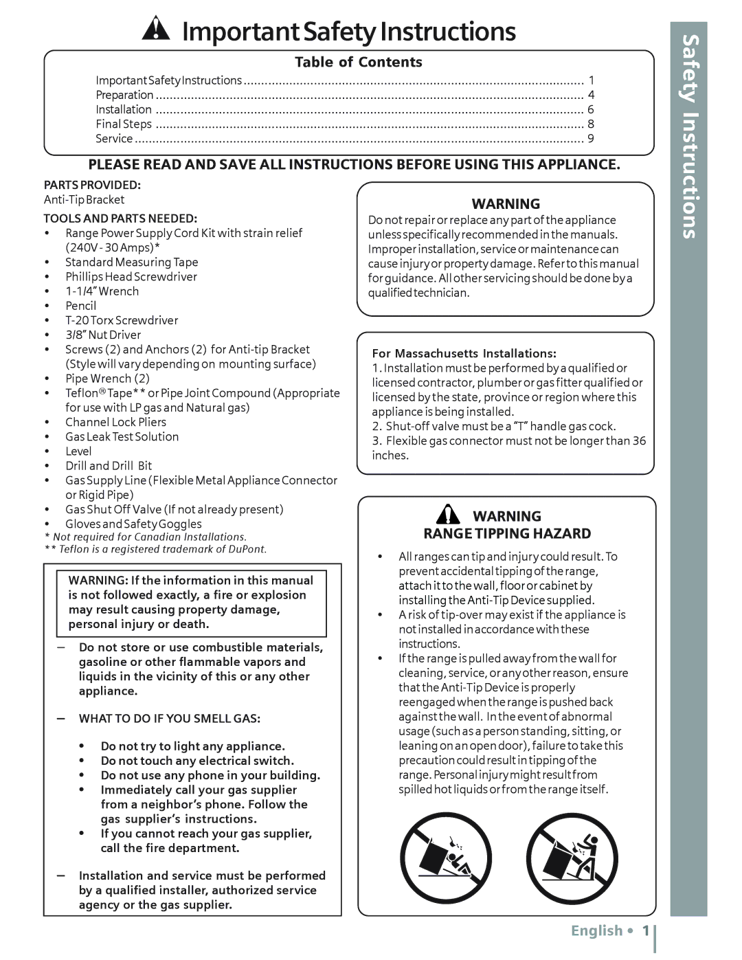 Siemens HD2525U, HD2528U Preparation Installation Final Steps Service, Table of Contents, Range Tipping Hazard 