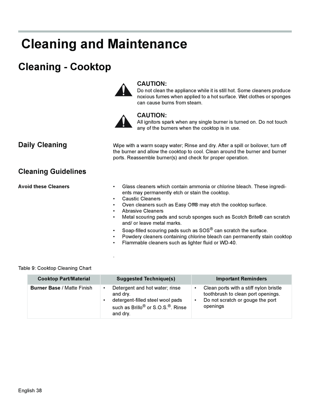 Siemens HD2528U Cleaning and Maintenance, Cleaning - Cooktop, Daily Cleaning, Cleaning Guidelines, Avoid these Cleaners 