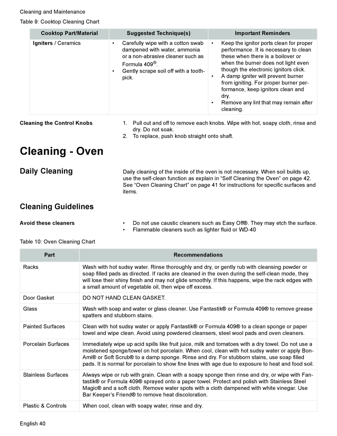 Siemens HD2528U Cleaning - Oven, Cleaning the Control Knobs, Avoid these cleaners, Part, Recommendations, Daily Cleaning 
