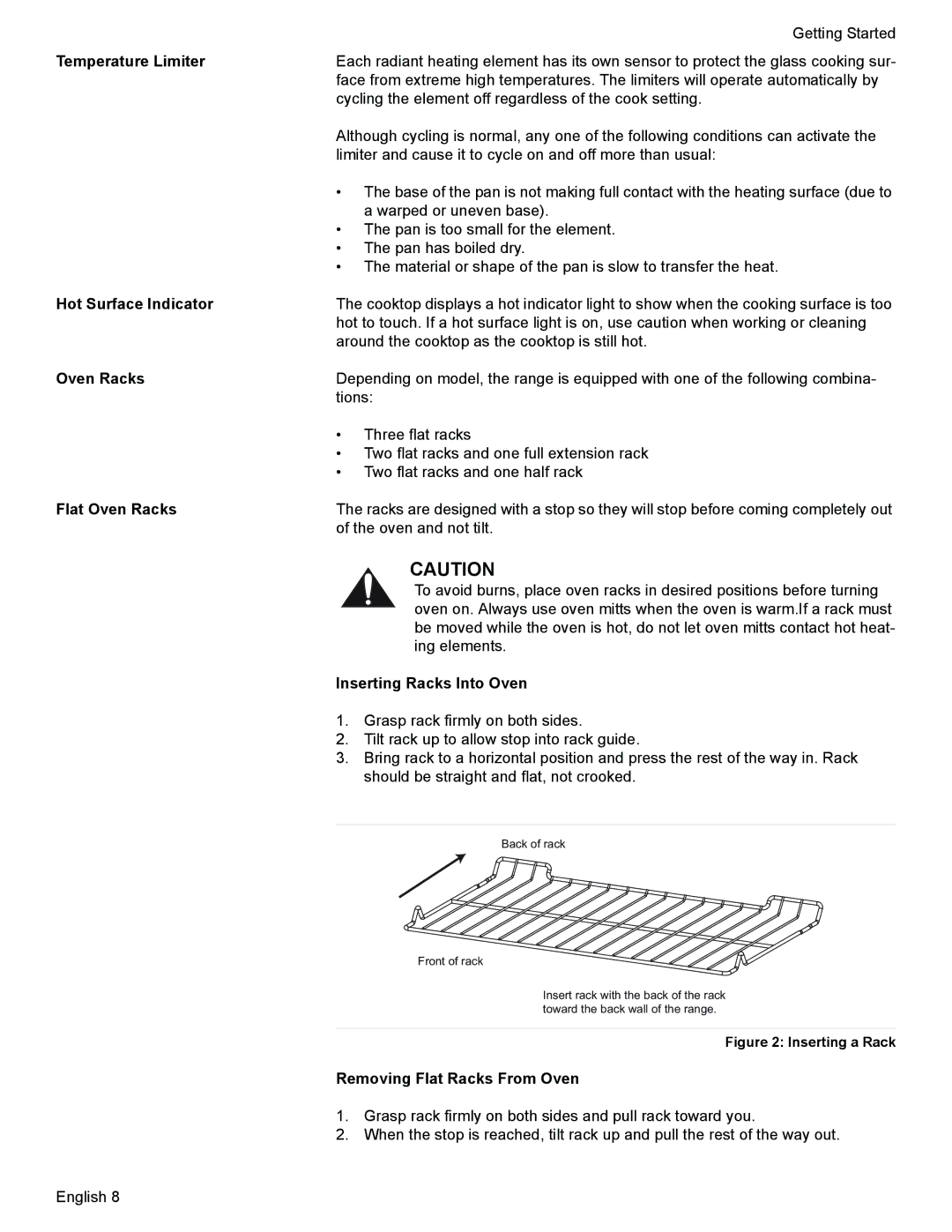 Siemens HE2425 manual Temperature Limiter, Hot Surface Indicator, Flat Oven Racks, Inserting Racks Into Oven 