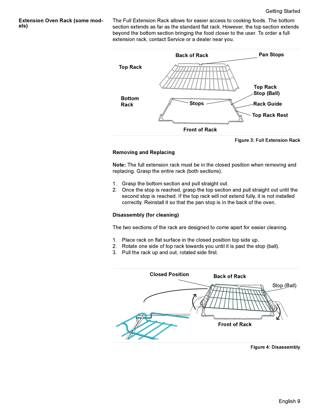 Siemens HE2425 manual Extension Oven Rack some mod- els, Removing and Replacing, Disassembly for cleaning 