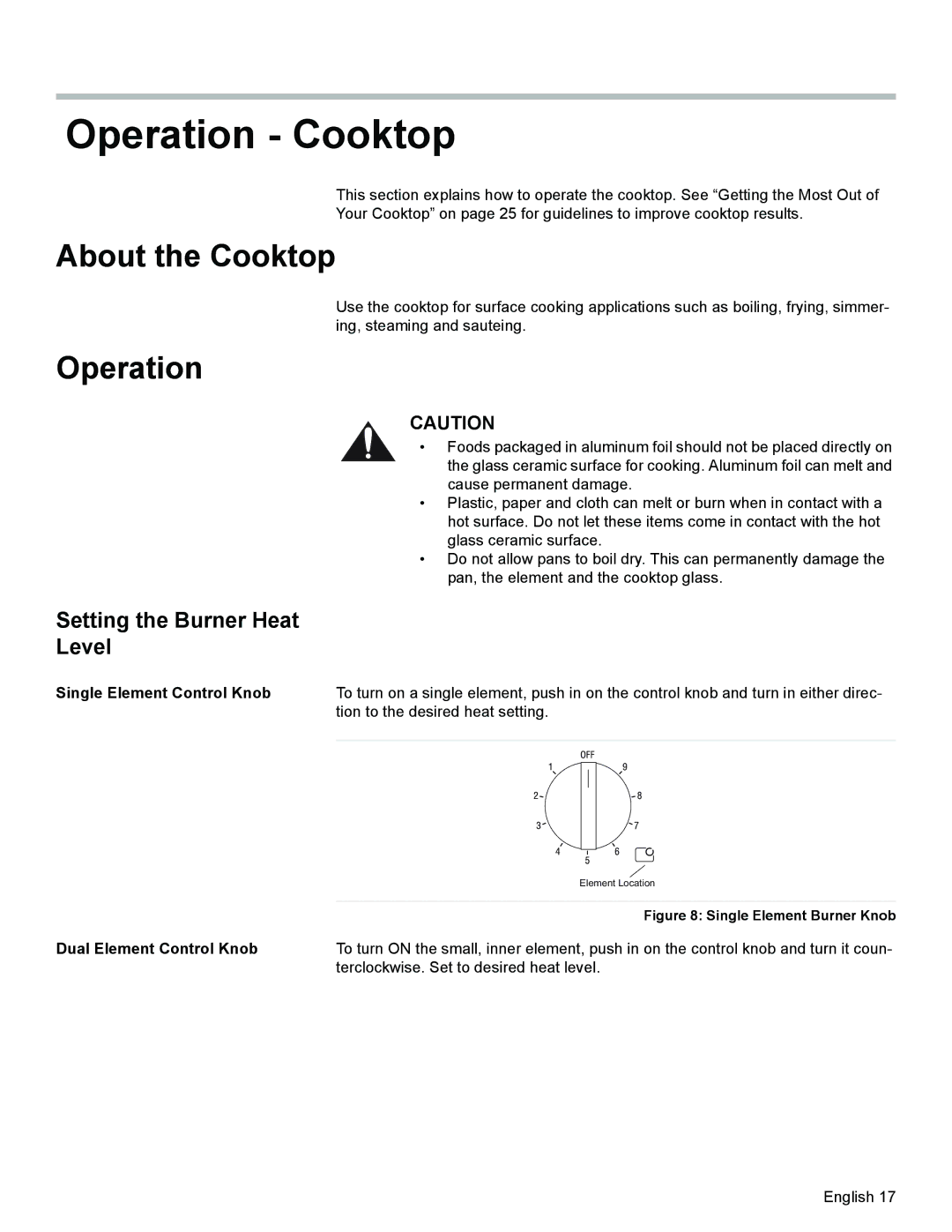 Siemens HE2425 manual Operation Cooktop, About the Cooktop, Setting the Burner Heat Level 