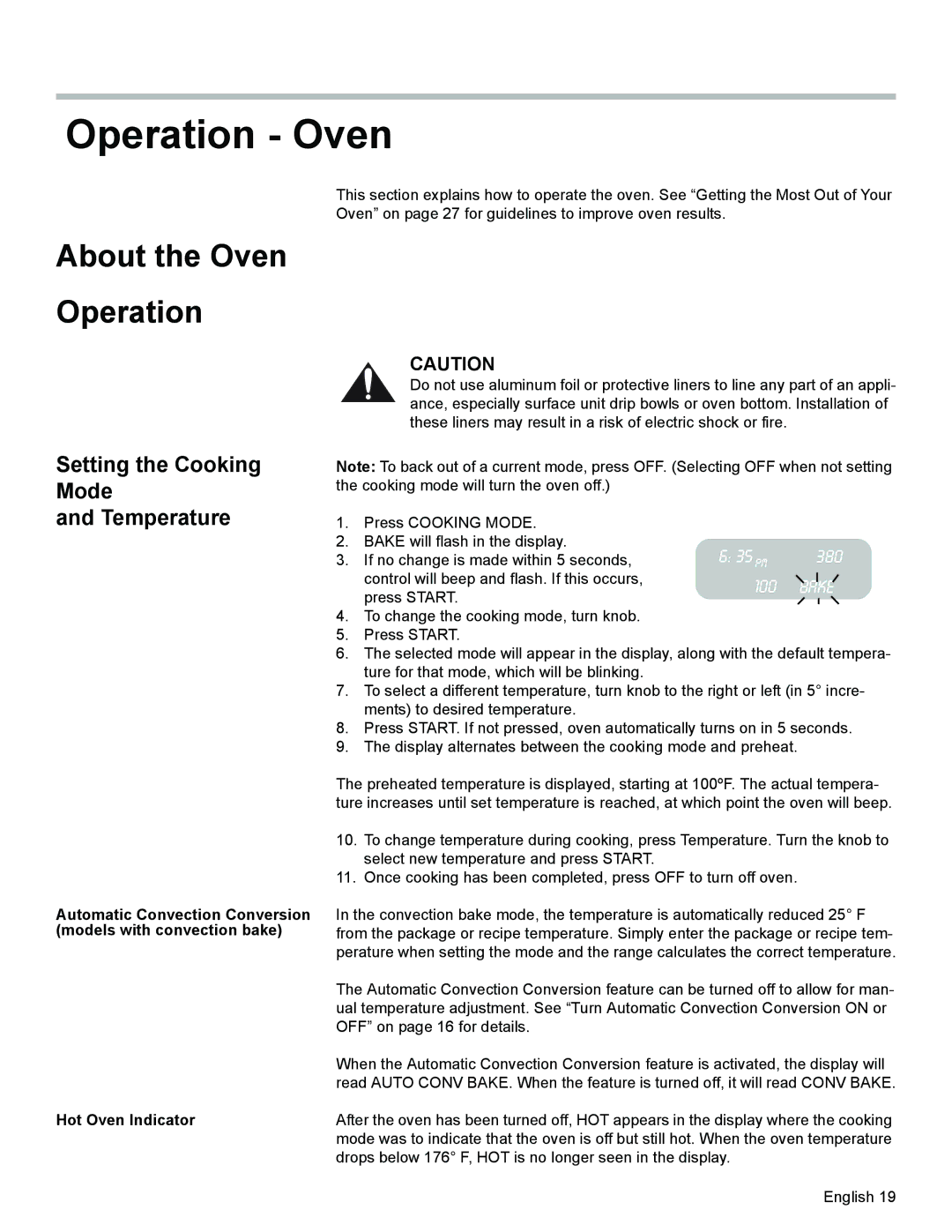 Siemens HE2425 manual Operation Oven, Setting the Cooking Mode Temperature 