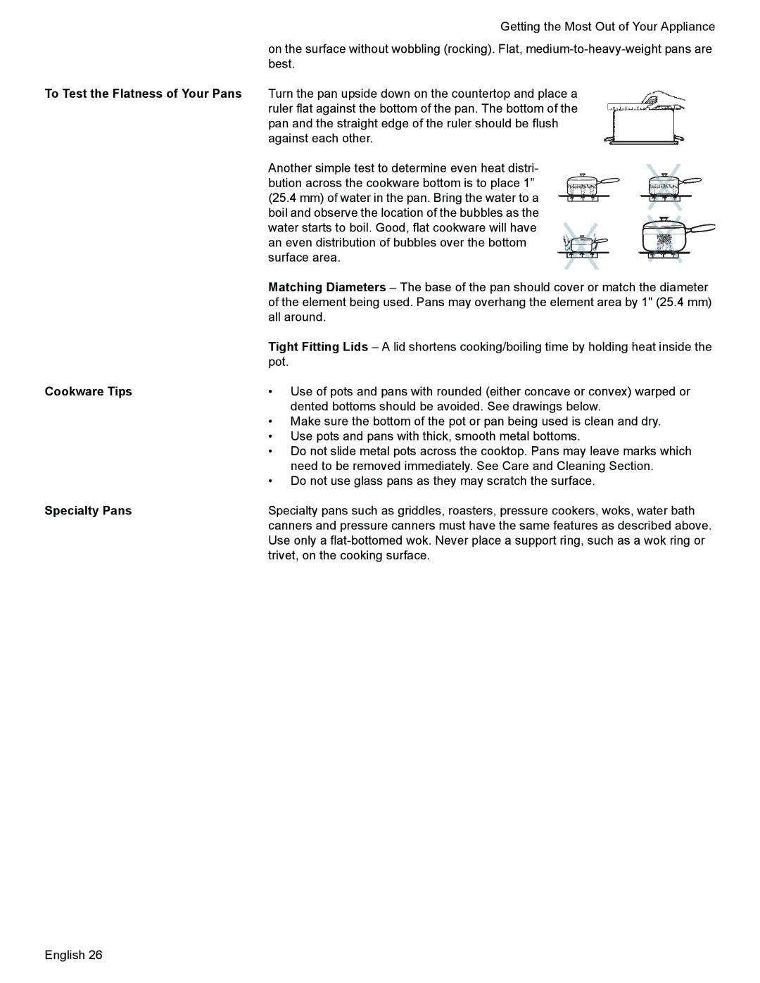 Siemens HE2425 manual To Test the Flatness of Your Pans, Cookware Tips, Specialty Pans 