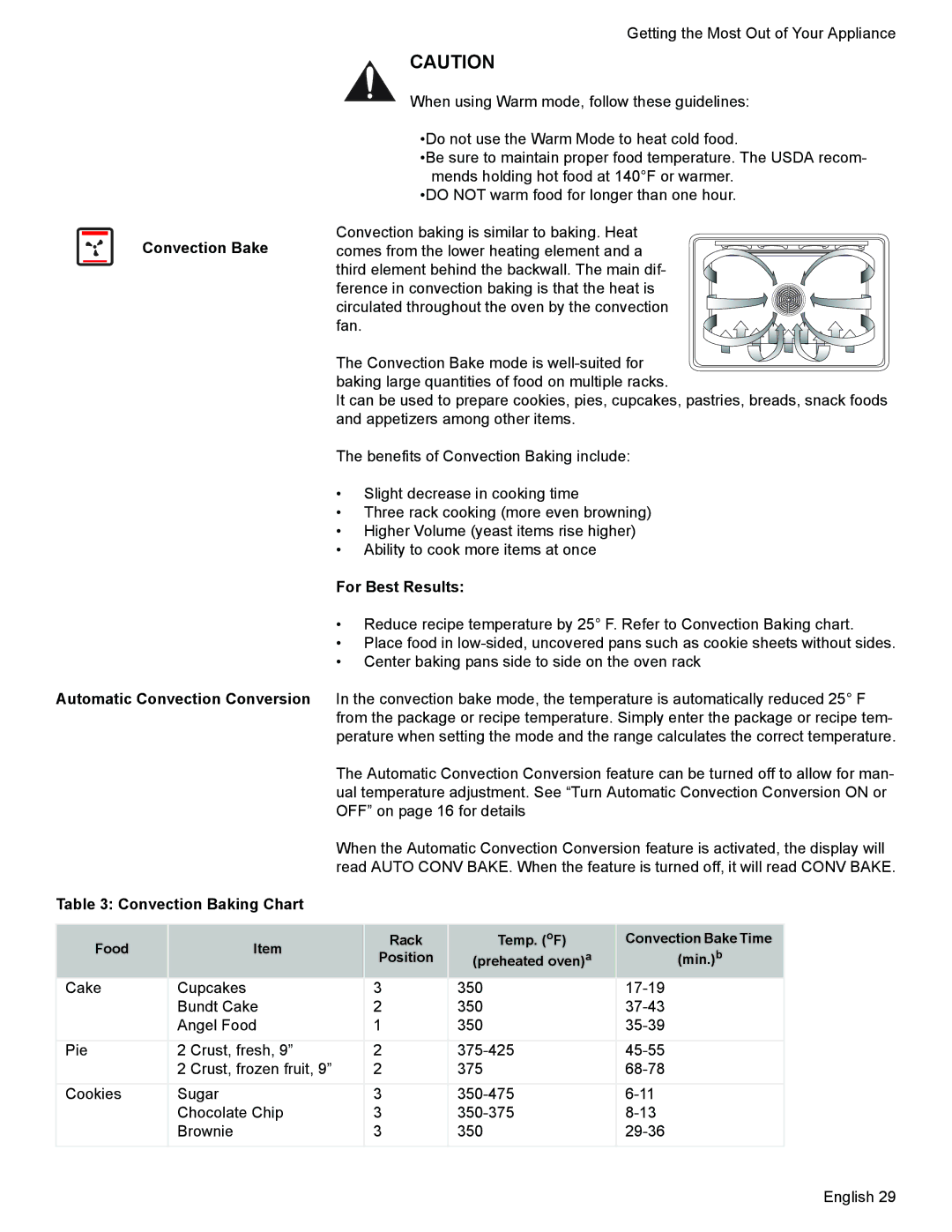 Siemens HE2425 manual Convection Bake Automatic Convection Conversion, For Best Results, Convection Baking Chart 