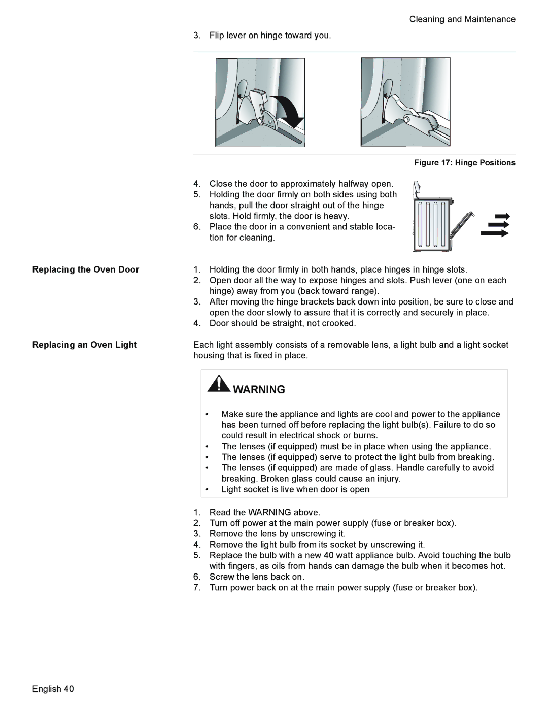 Siemens HE2425 manual Replacing the Oven Door, Replacing an Oven Light 