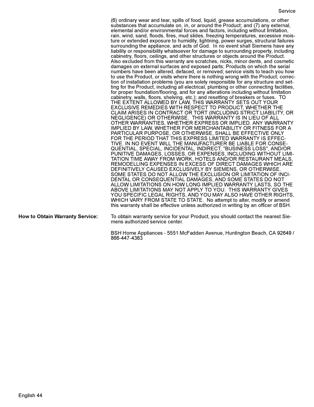 Siemens HE2425 manual How to Obtain Warranty Service 