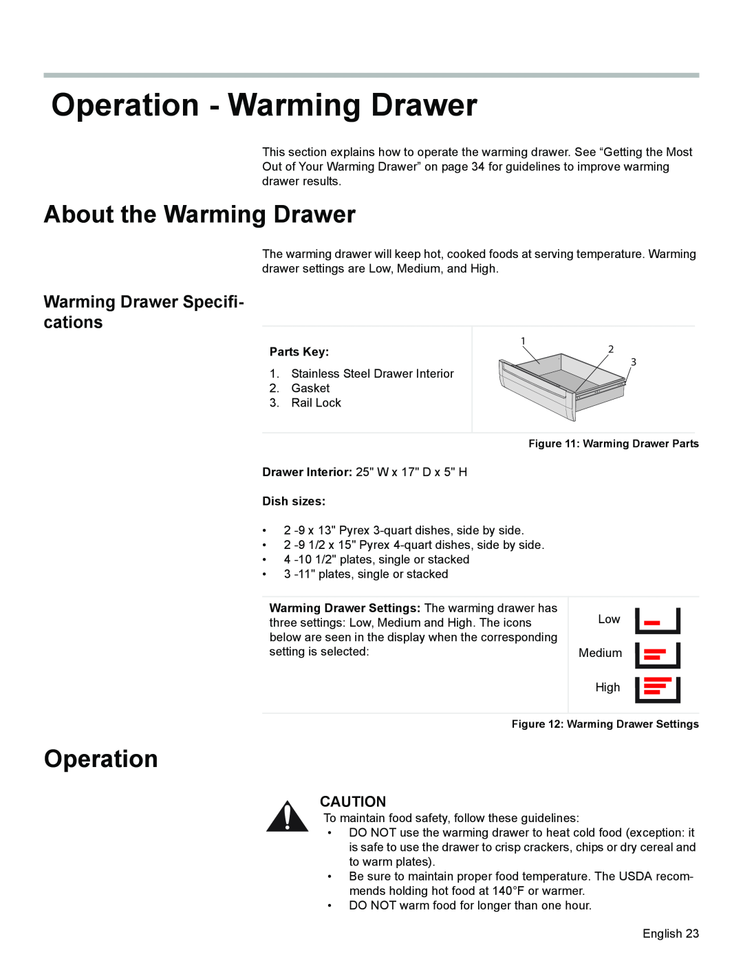 Siemens HE2425 manual Operation - Warming Drawer, About the Warming Drawer, Warming Drawer Specifi- cations, Parts Key 