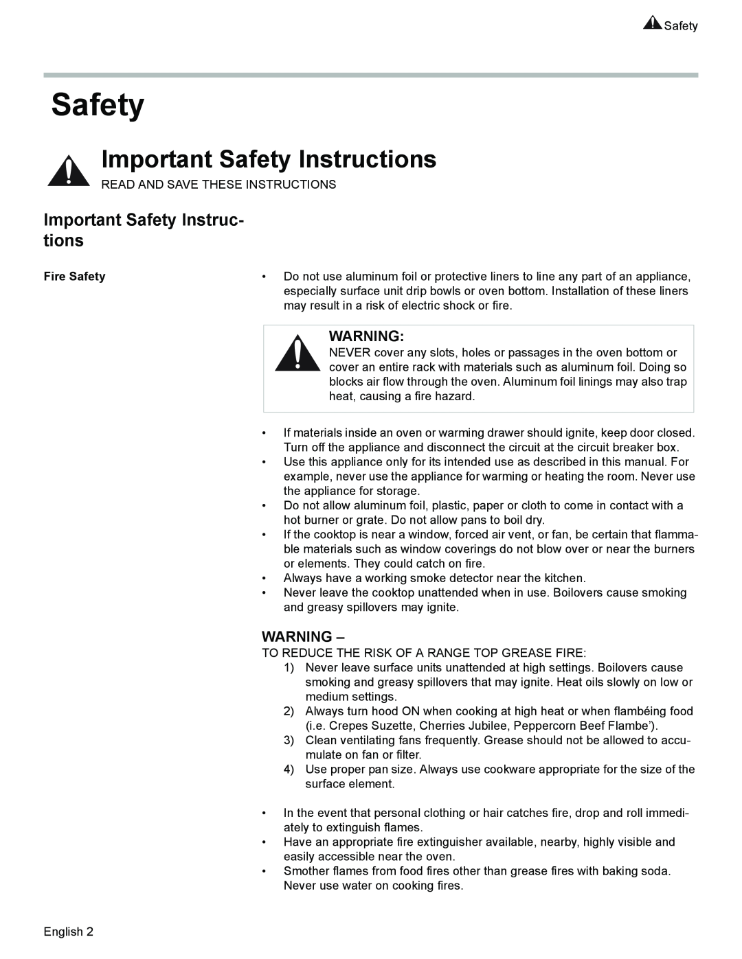Siemens HE2425 manual Important Safety Instructions, Important Safety Instruc- tions, Fire Safety 