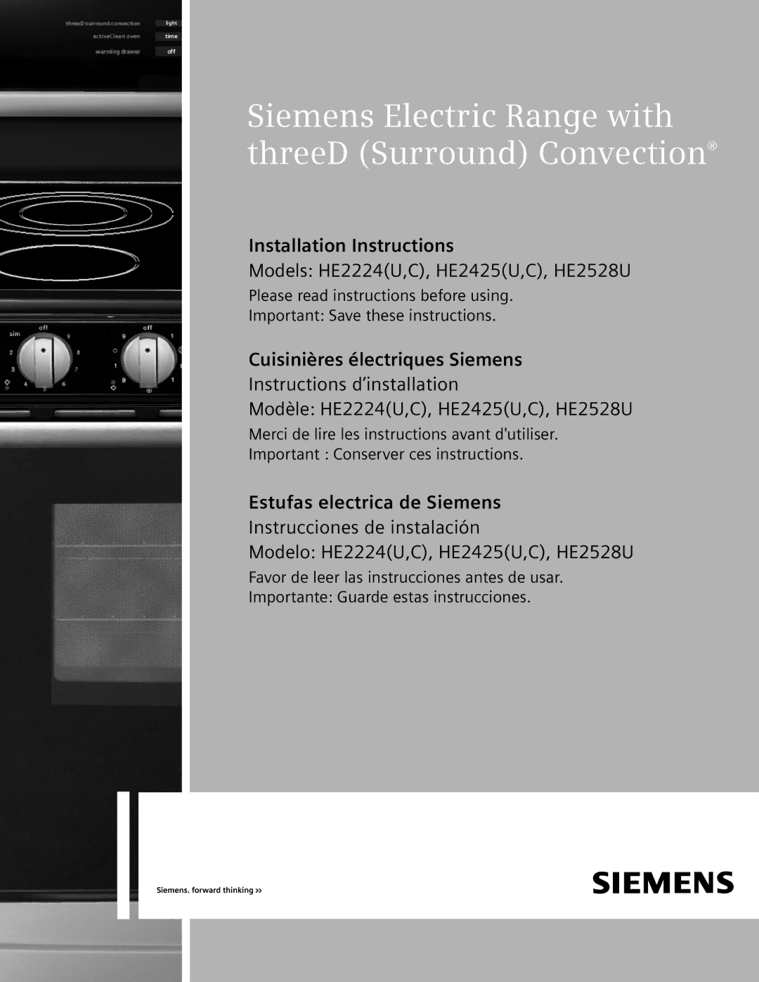 Siemens C), HE2528U, HE2224(U, HE2425(U installation instructions Siemens Electric Range with threeD Surround Convection 