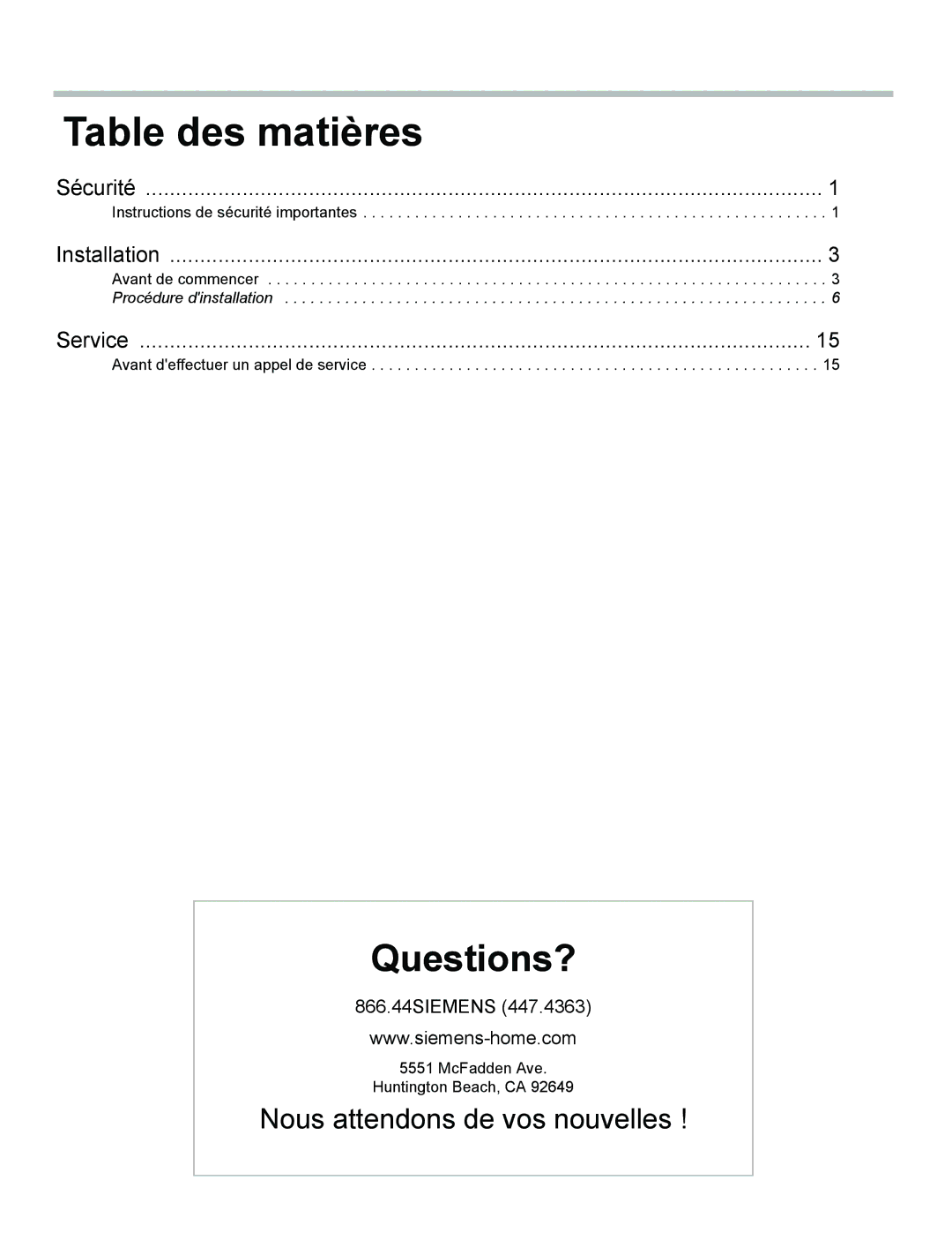 Siemens HE2224(U, HE2528U, C), HE2425(U installation instructions Table des matières 