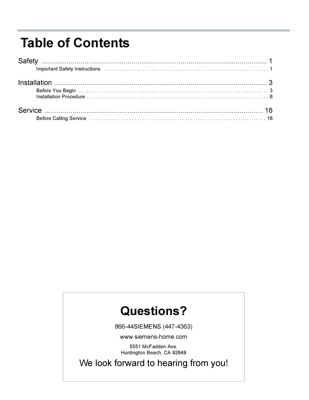 Siemens HE2425(U, HE2528U, C), HE2224(U installation instructions Table of Contents 