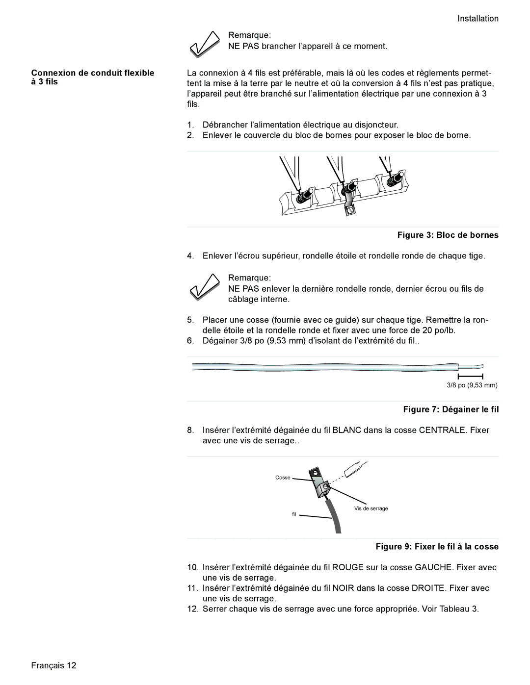 Siemens HE2224(U, HE2528U, C), HE2425(U installation instructions Connexion de conduit flexible à 3 fils, Bloc de bornes 