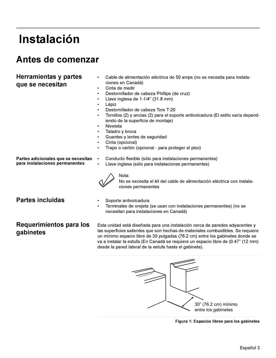 Siemens C), HE2528U, HE2224(U, HE2425(U Instalación, Antes de comenzar, Partes incluidas, Requerimientos para los gabinetes 