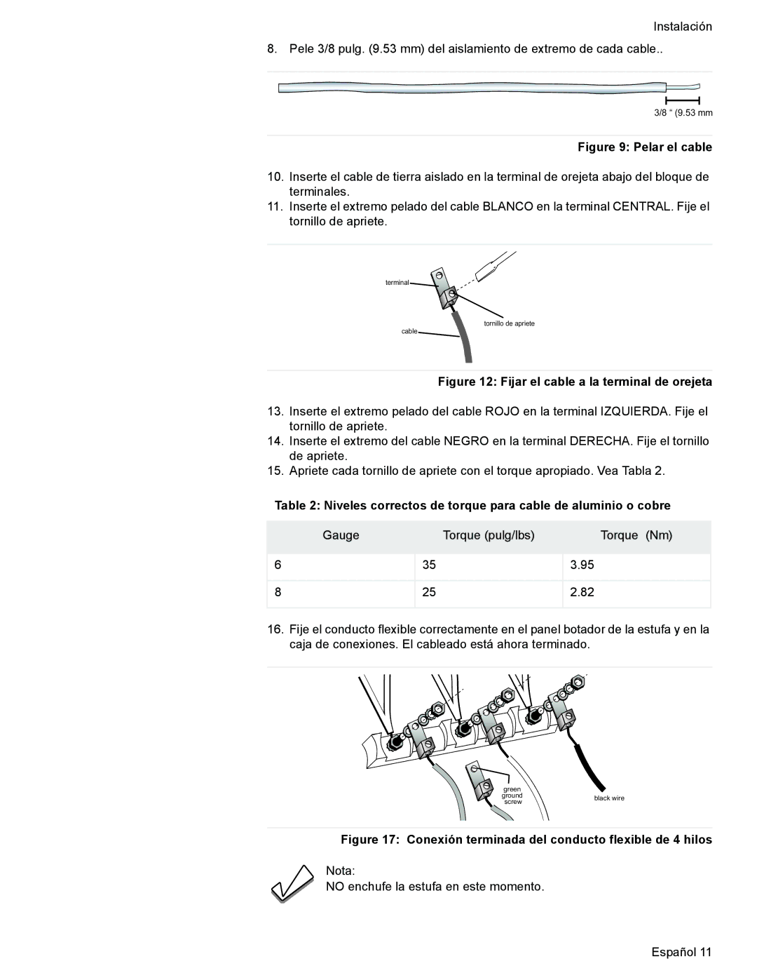 Siemens C), HE2528U, HE2224(U, HE2425(U Pelar el cable, Niveles correctos de torque para cable de aluminio o cobre 