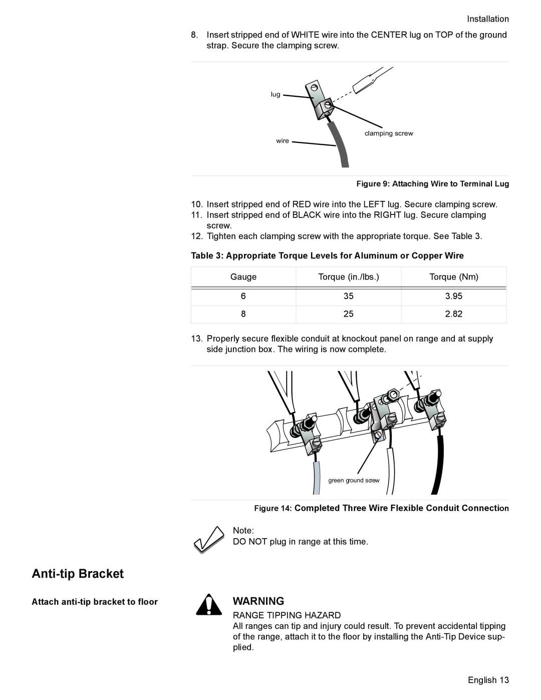 Siemens C) Anti-tip Bracket, Appropriate Torque Levels for Aluminum or Copper Wire, Attach anti-tip bracket to floor 