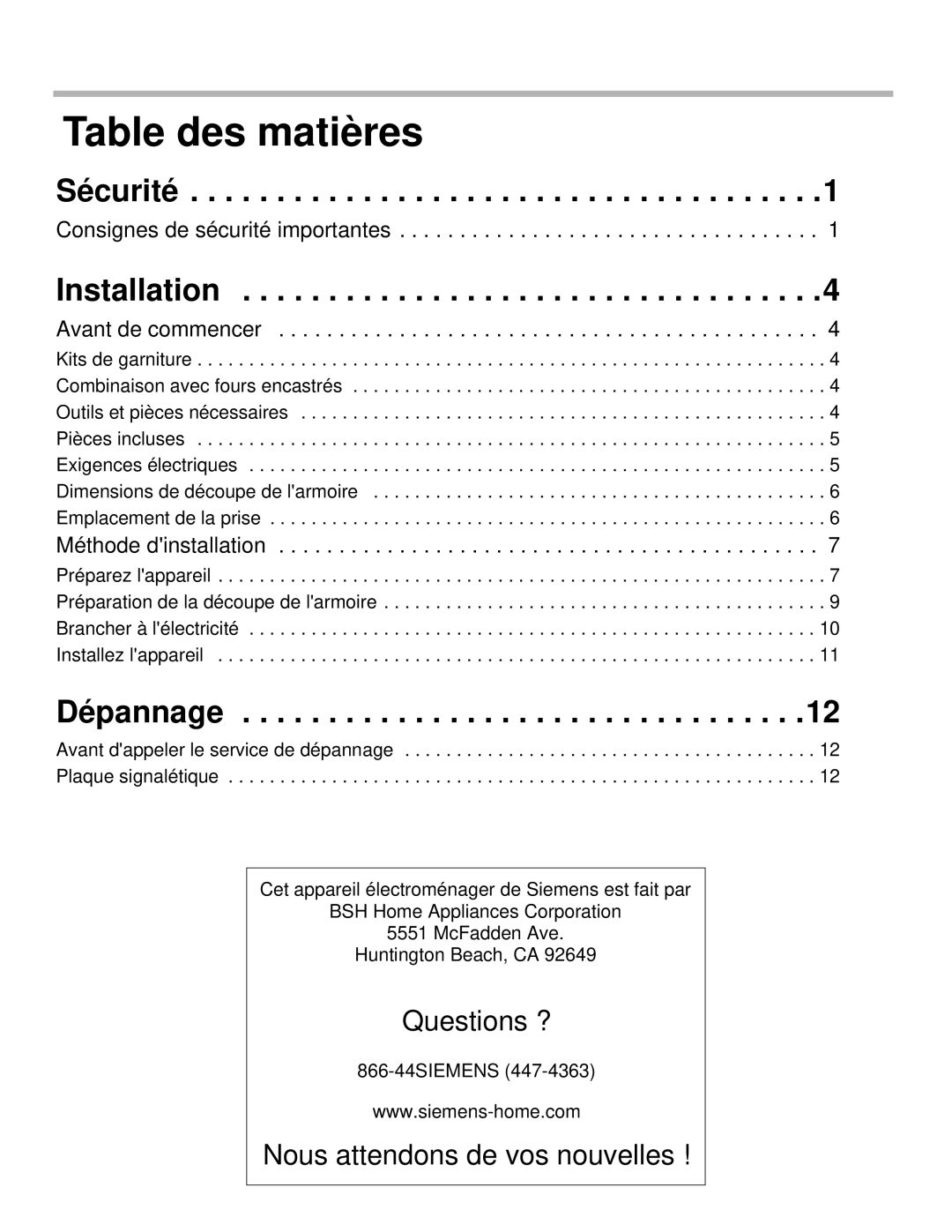 Siemens HF25C530 installation manual Table des matières, Sécurité, Dépannage 