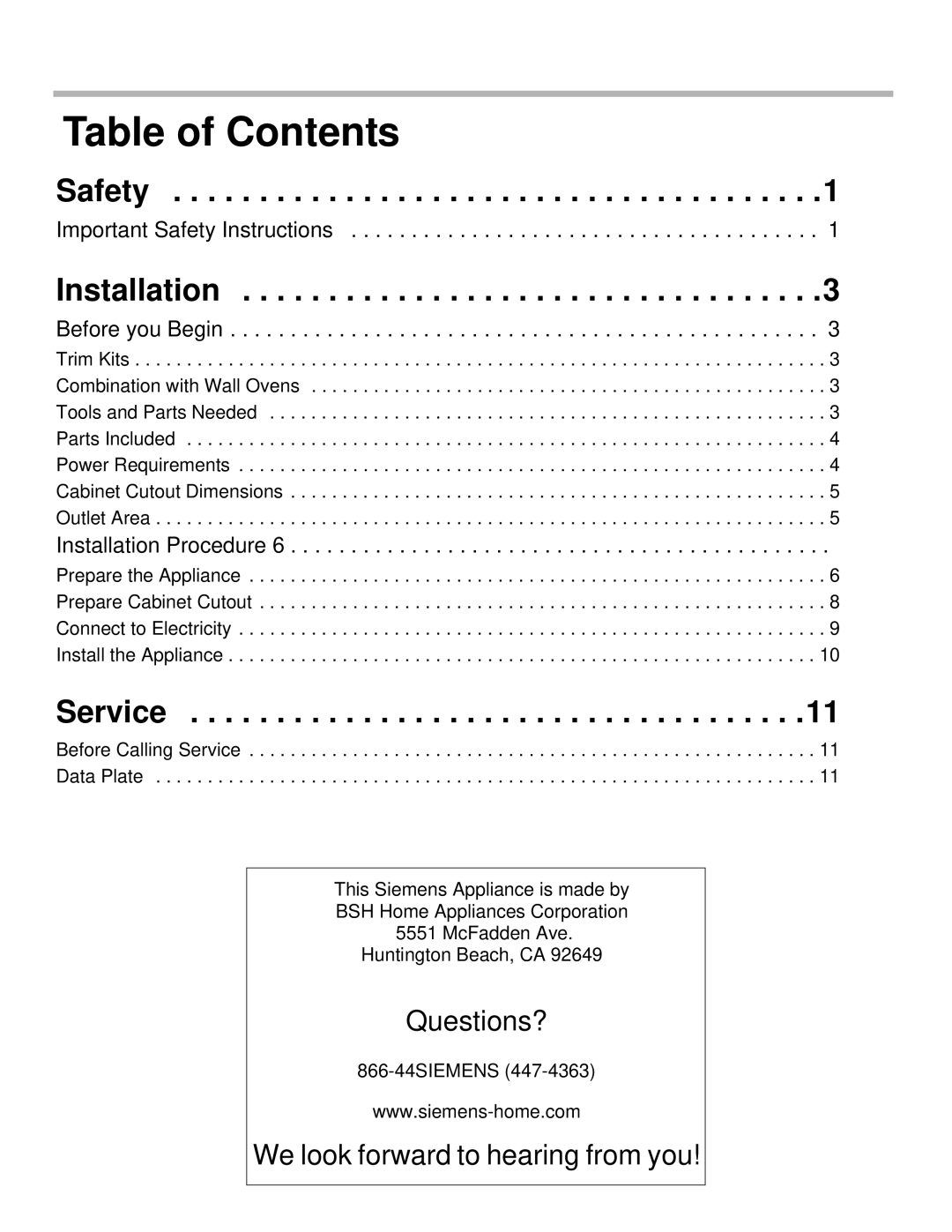 Siemens HF25C530 installation manual Table of Contents 