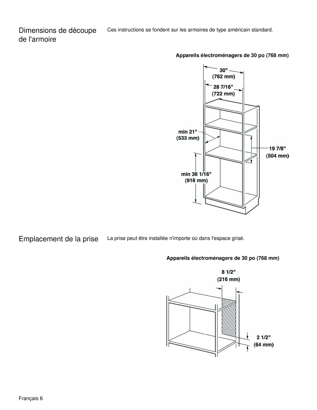 Siemens HF25C530 Dimensions de découpe de larmoire Emplacement de la prise, Appareils électroménagers de 30 po 768 mm 