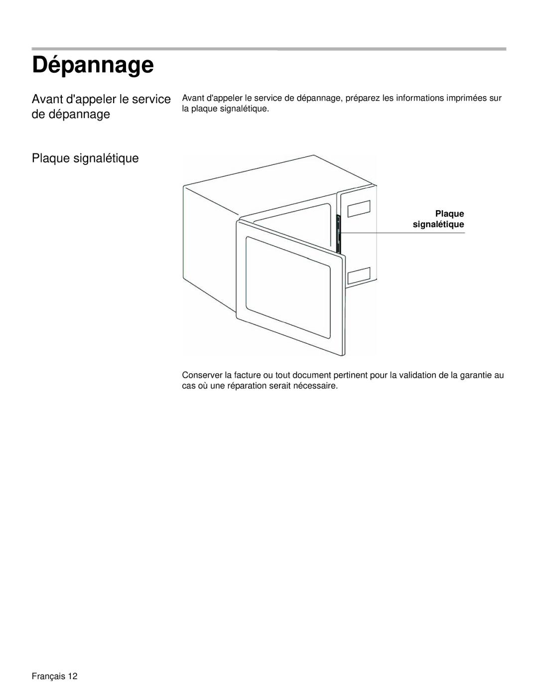 Siemens HF25C530 installation manual Dépannage, Avant dappeler le service de dépannage Plaque signalétique 