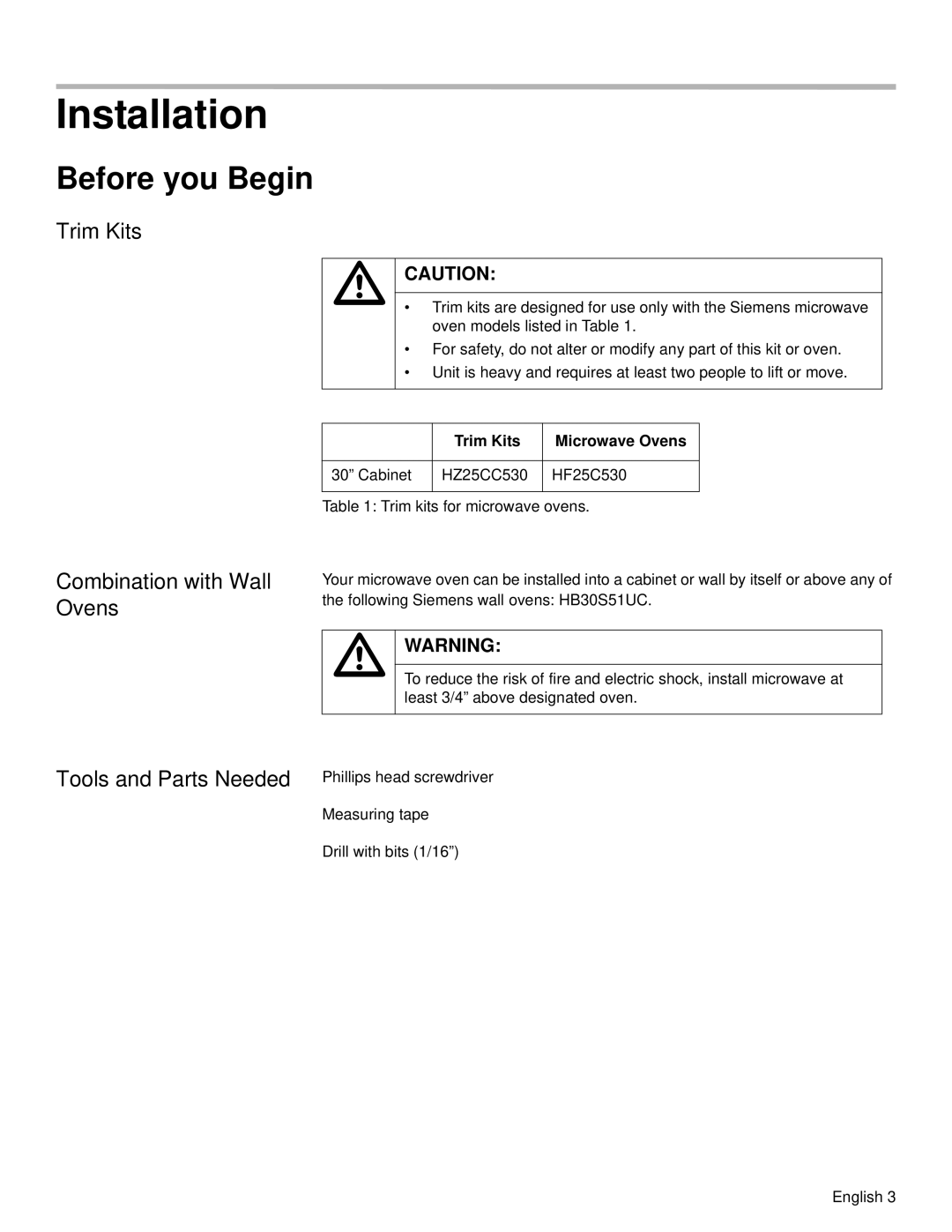 Siemens HF25C530 Installation, Before you Begin, Combination with Wall Ovens, Trim Kits Microwave Ovens 