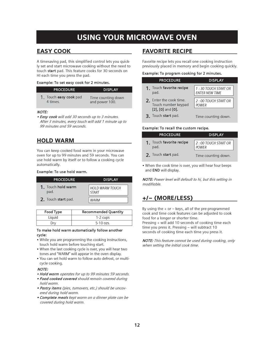 Siemens HF36V305, HF36V306 manual Easy Cook, Favorite Recipe, Hold Warm, +/- More/Less 