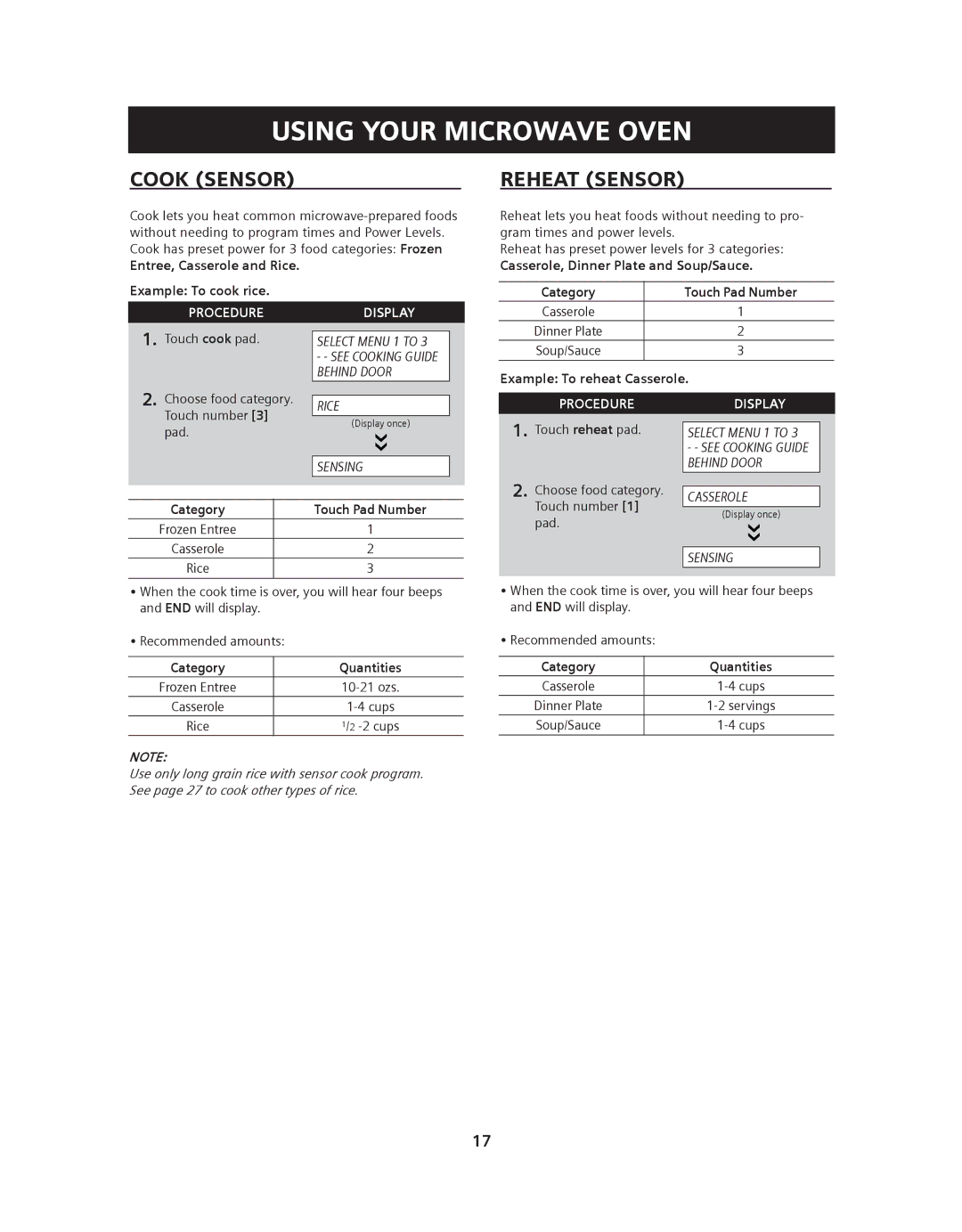 Siemens HF36V306 Cook Sensor, Reheat Sensor, Entree, Casserole and Rice Example To cook rice, Example To reheat Casserole 