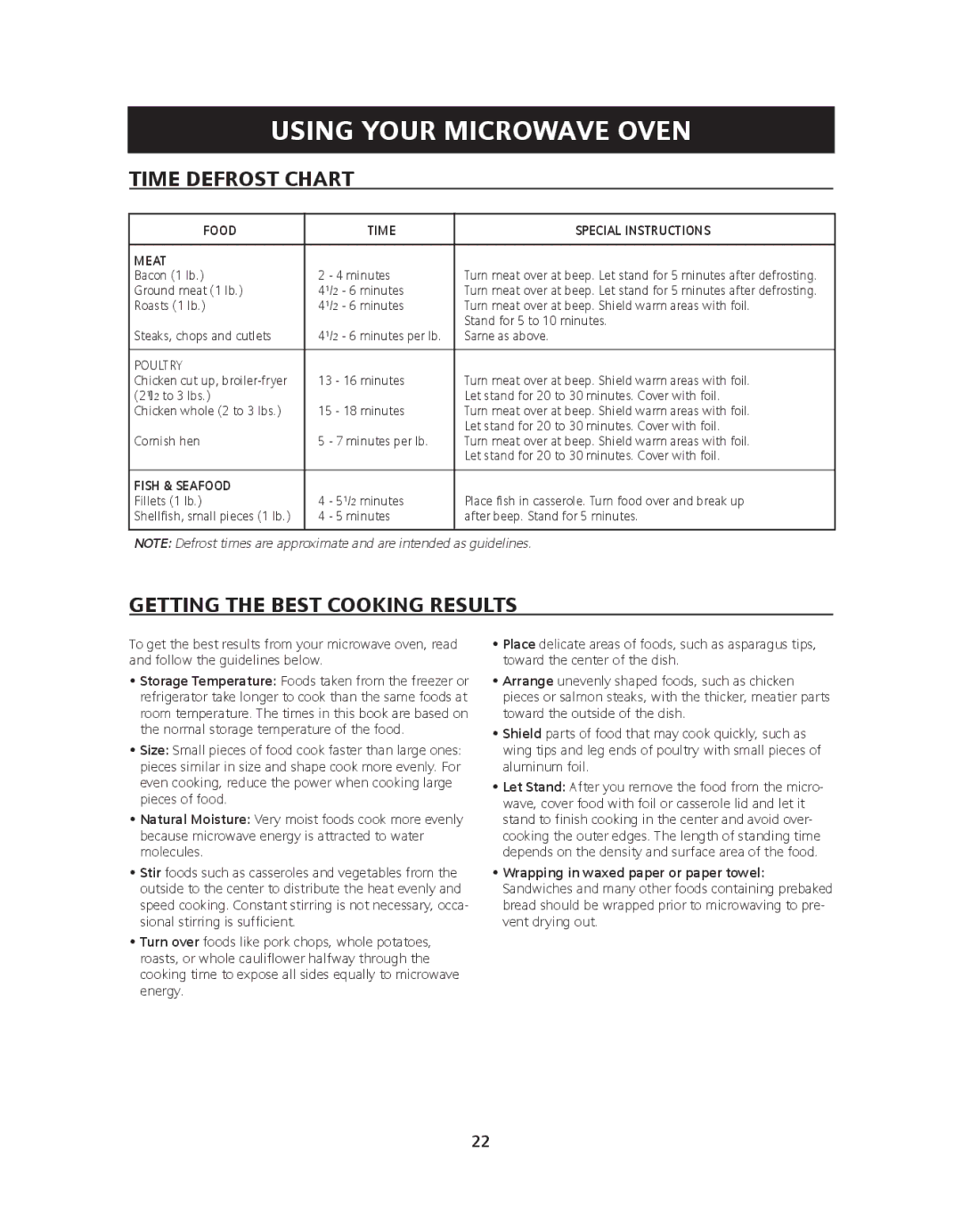 Siemens HF36V305 Time Defrost Chart, Getting the Best Cooking Results, Food Time Special Instructions Meat, Fish & Seafood 