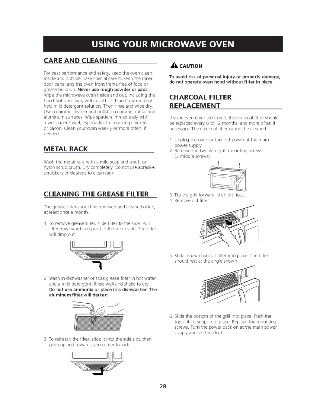 Siemens HF36V305, HF36V306 manual Care and Cleaning, Metal Rack, Cleaning the Grease Filter, Charcoal Filter Replacement 