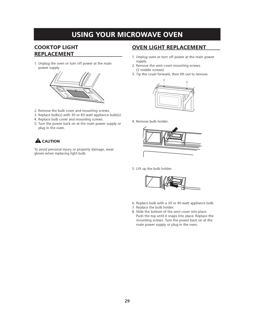 Siemens HF36V306, HF36V305 manual Cooktop Light Replacement, Oven Light Replacement 