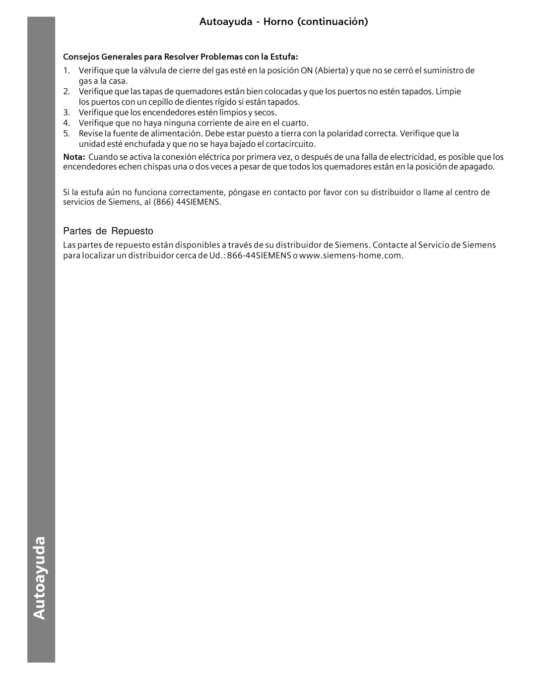 Siemens HG2515UC, HG2516UC, HG2416UC Autoayuda Horno continuación, Consejos Generales para Resolver Problemas con la Estufa 