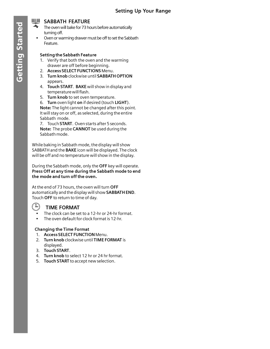 Siemens HG2516UC, HG2416UC, HG2515UC Care and Cleaning Use The Cooktop Getting Started, Sabbath Feature, Time Format 