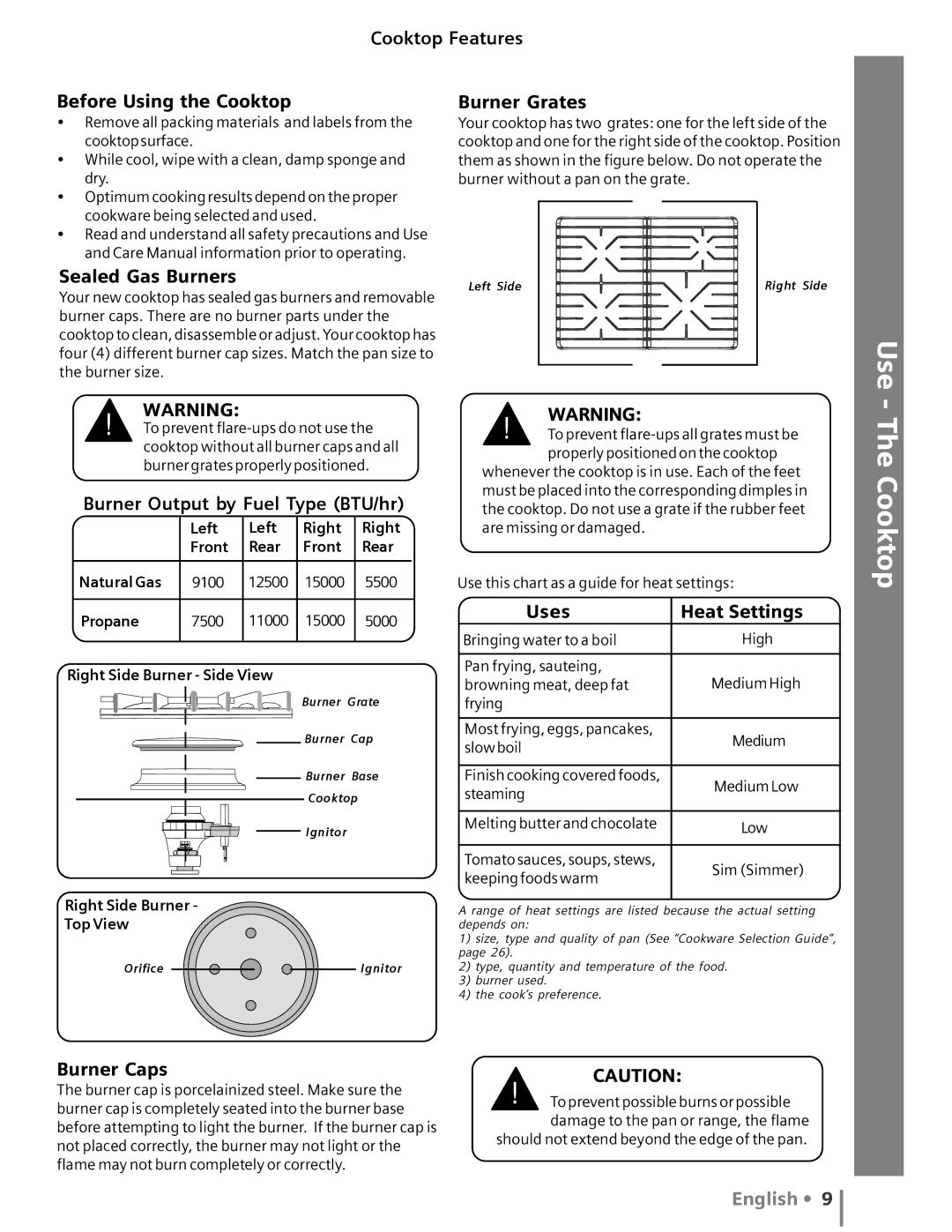 Siemens HG2416UC Cooktop Features Before Using the Cooktop, Sealed Gas Burners, Burner Grates, Uses Heat Settings 