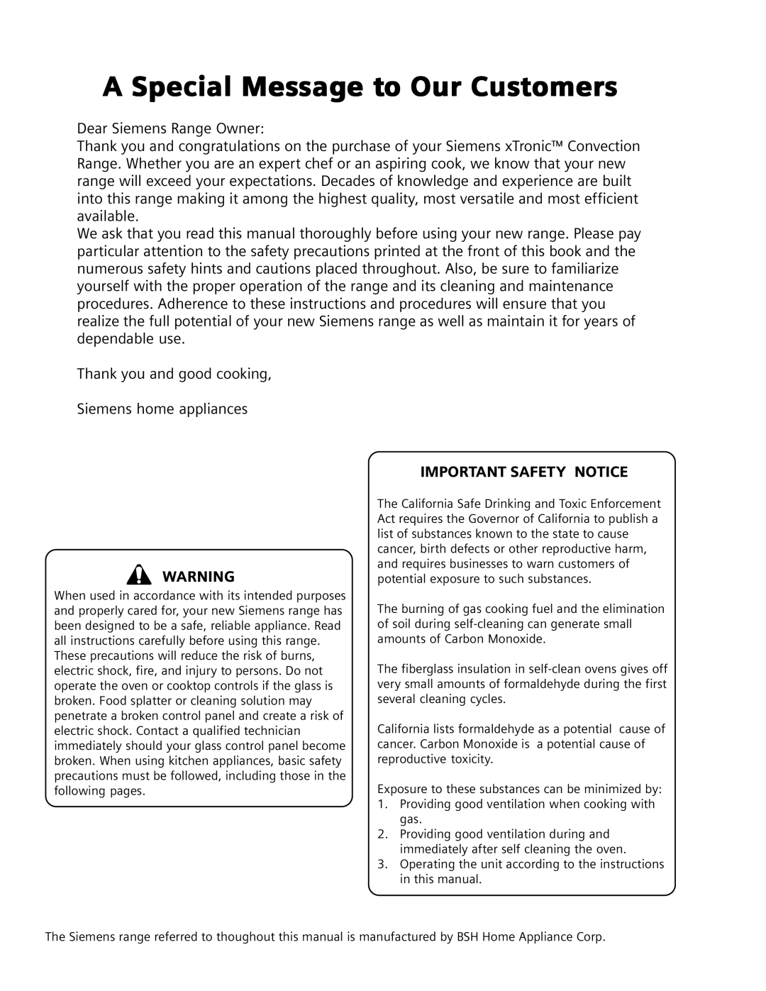 Siemens HG2515UC, HG2516UC, HG2416UC, HG2415UC manuel dutilisation Special Message to Our Customers, Important Safety Notice 