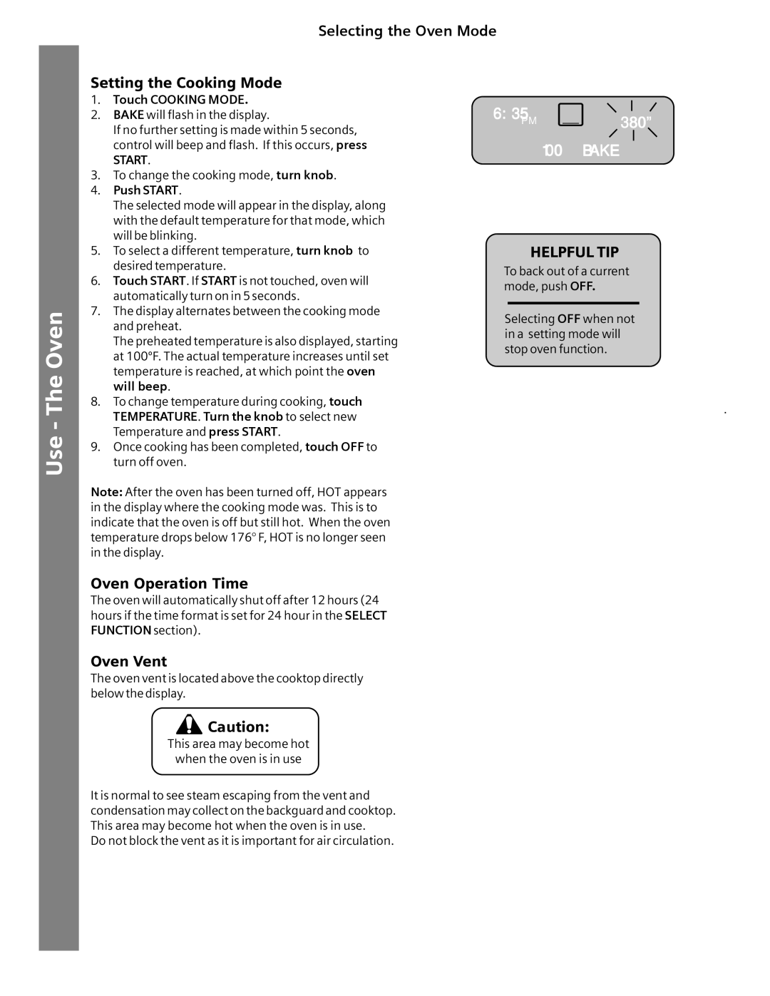 Siemens HG2516UC Selecting the Oven Mode Setting the Cooking Mode, Oven Operation Time, Oven Vent, Helpful TIP, Start 