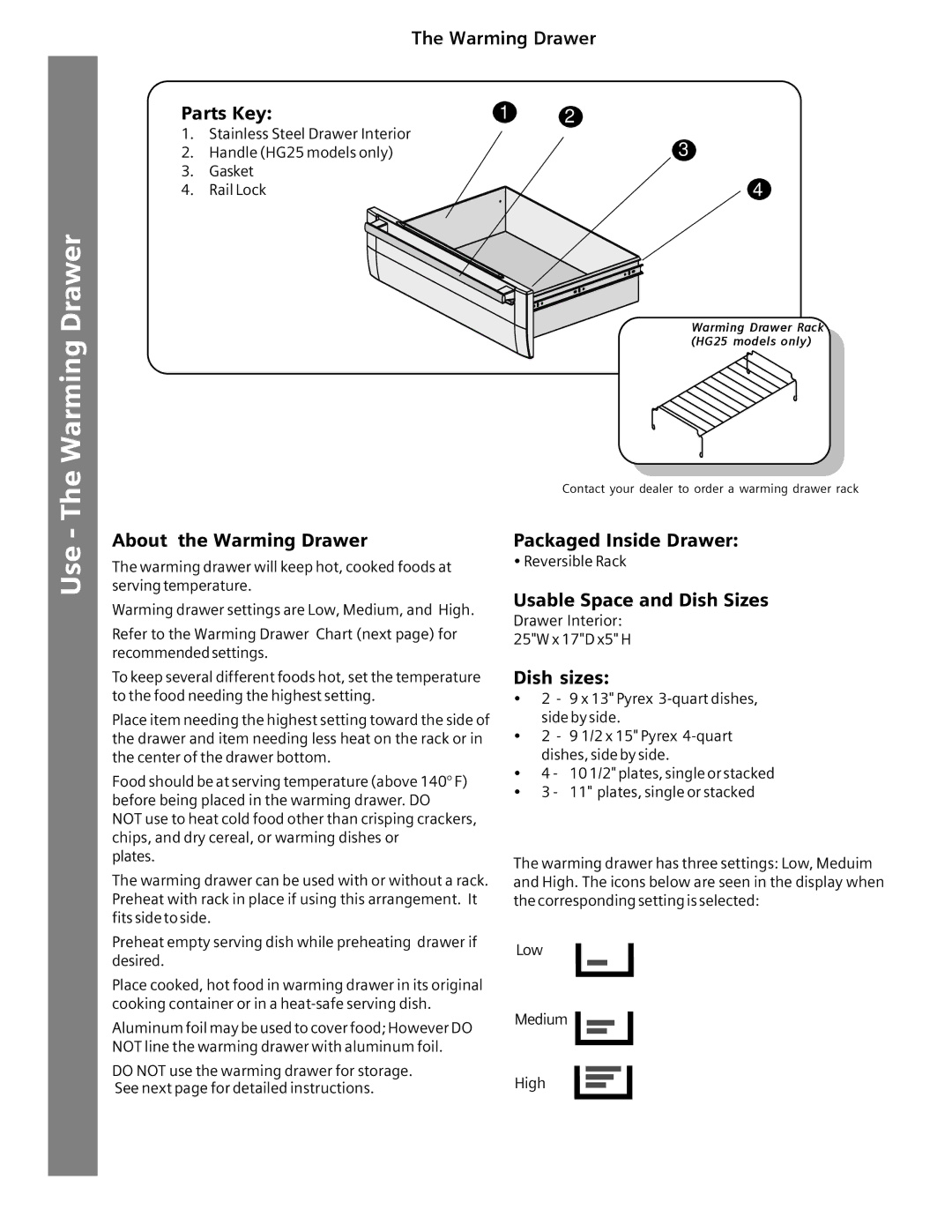 Siemens HG2516UC Parts Key, About the Warming Drawer, Packaged Inside Drawer, Usable Space and Dish Sizes, Dish sizes 