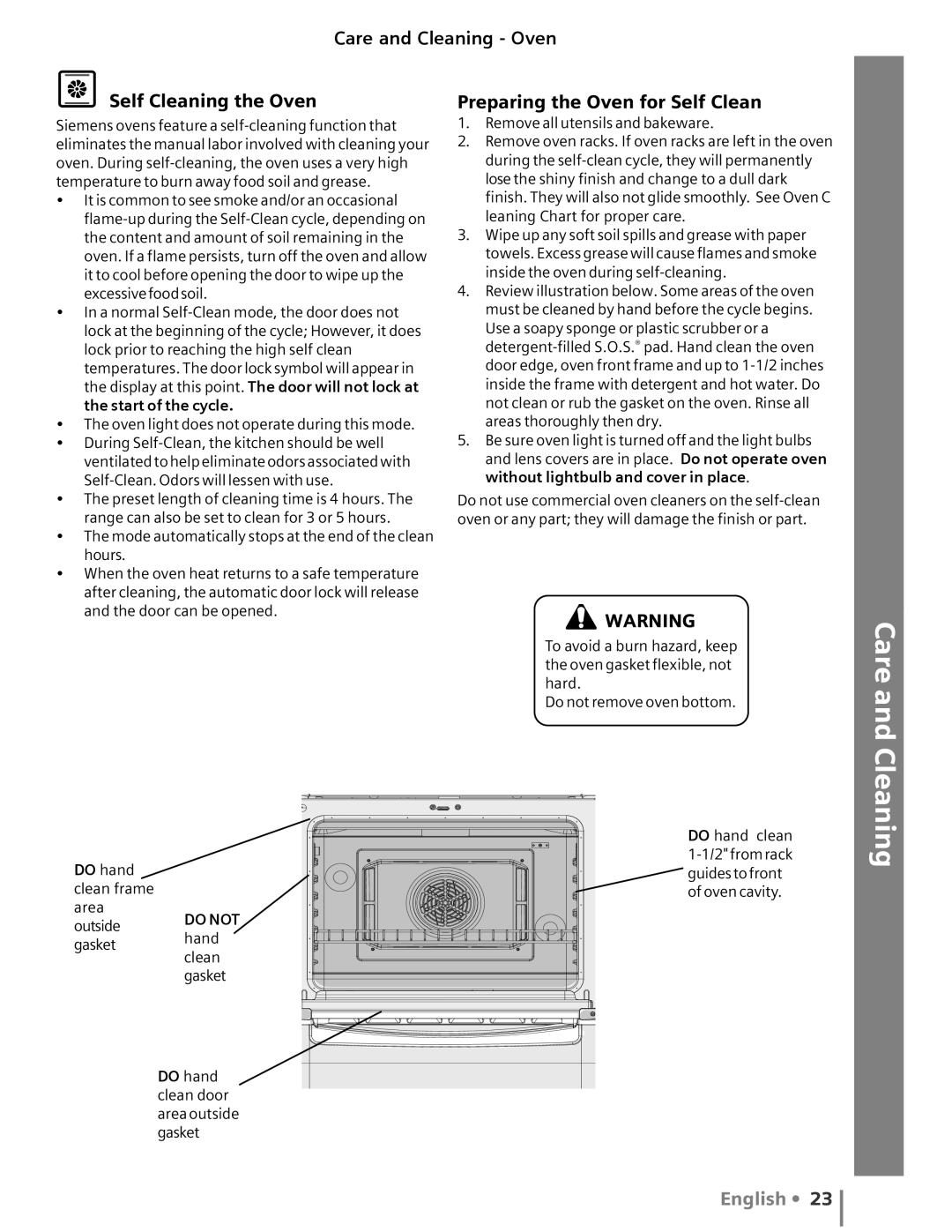 Siemens HG2415UC Getting Started Use The Cooktop Care and Cleaning, Care and Cleaning Oven Self Cleaning the Oven 