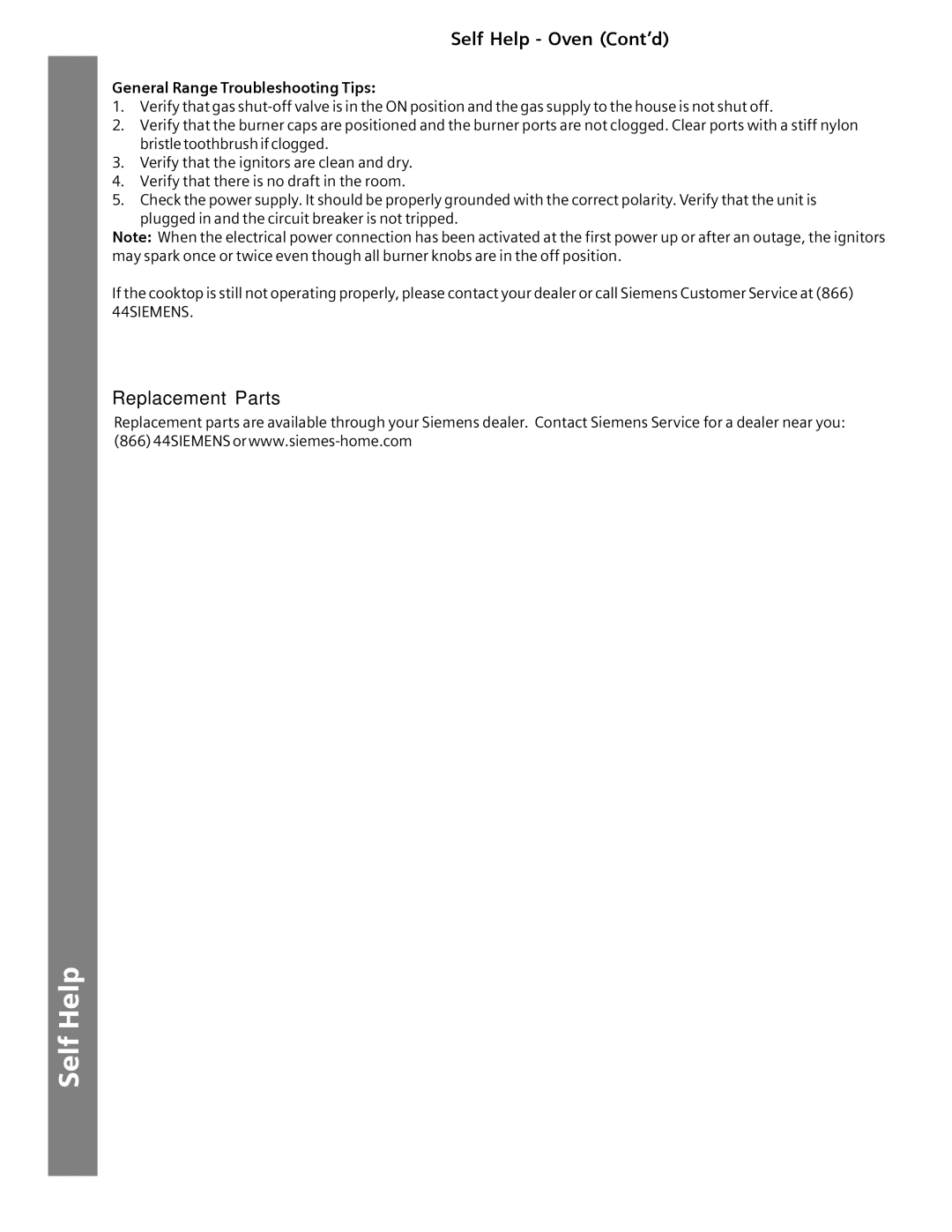 Siemens HG2515UC, HG2516UC, HG2416UC, HG2415UC manuel dutilisation Self Help Oven Cont’d, General Range Troubleshooting Tips 