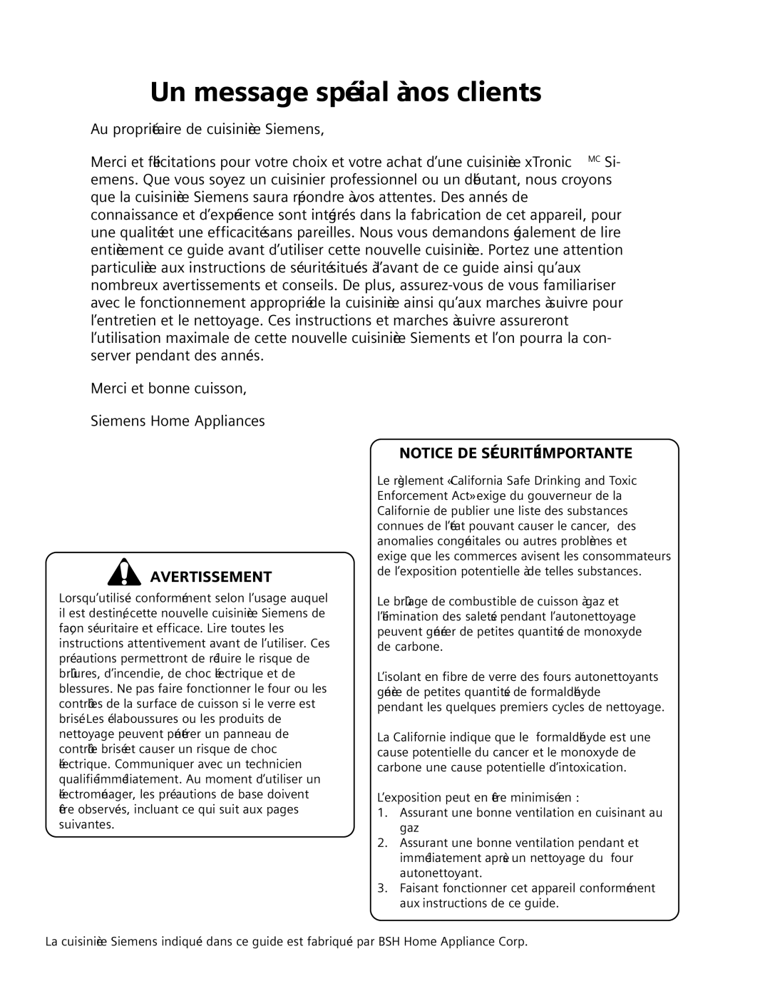 Siemens HG2516UC, HG2416UC, HG2515UC, HG2415UC manuel dutilisation Un message spécial à nos clients, Avertissement 