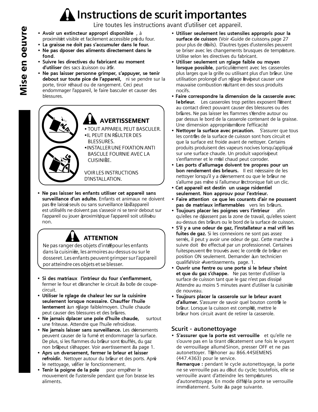 Siemens HG2516UC, HG2416UC, HG2515UC, HG2415UC manuel dutilisation Avertissement, Sécurité autonettoyage 