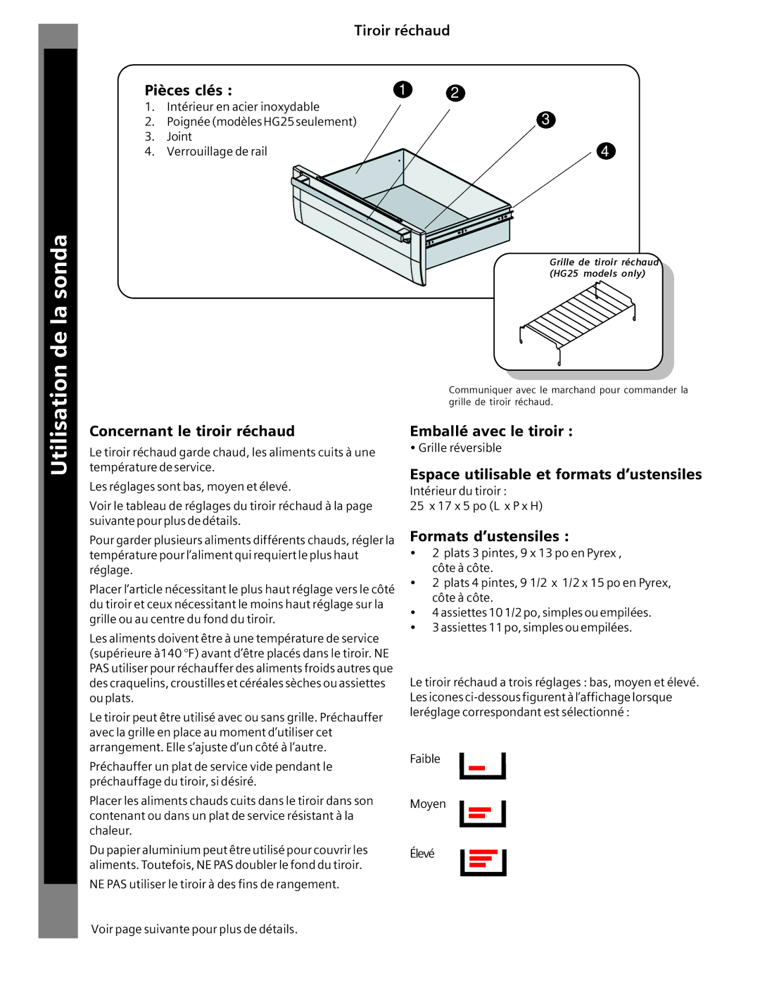 Siemens HG2515UC, HG2516UC Pièces clés, Concernant le tiroir réchaud, Emballé avec le tiroir, Formats d’ustensiles 