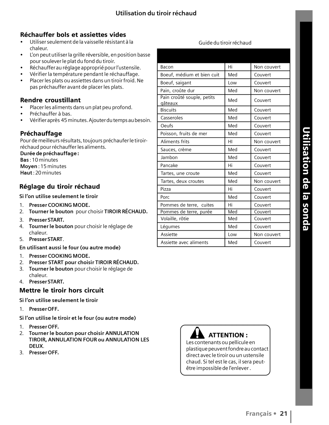 Siemens HG2415UC Et nettoyage Aide, Rendre croustillant, Réglage du tiroir réchaud, Mettre le tiroir hors circuit 