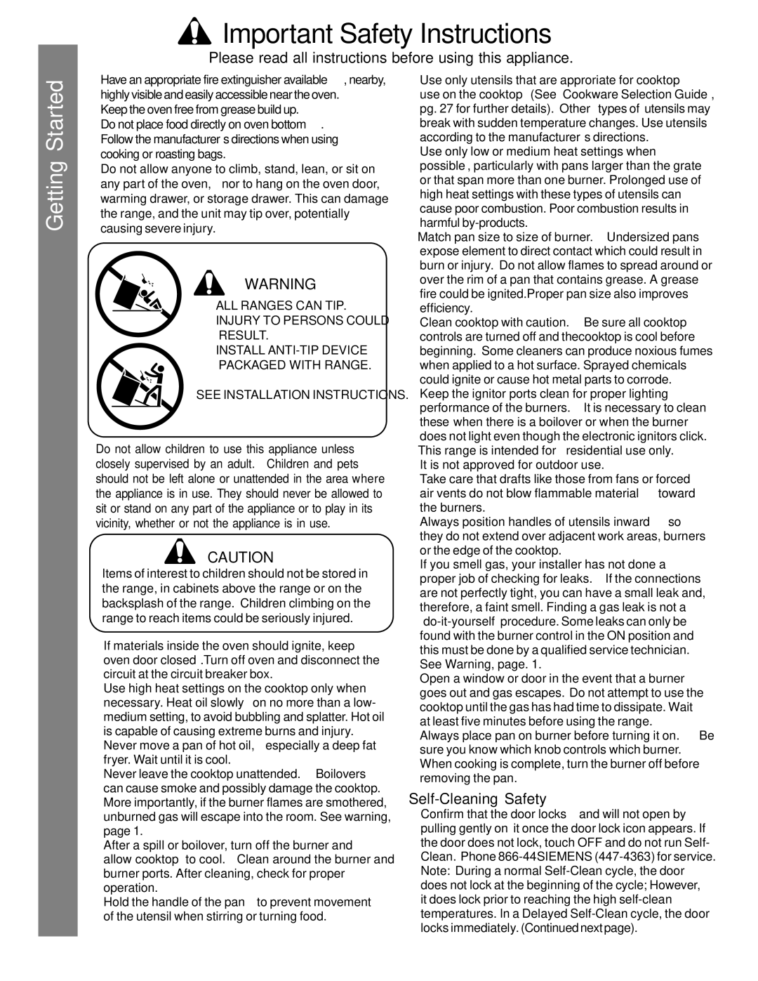 Siemens HG2515UC, HG2516UC, HG2416UC Care and Cleaning Use The Cooktop Getting Started Self Help, Self-Cleaning Safety 