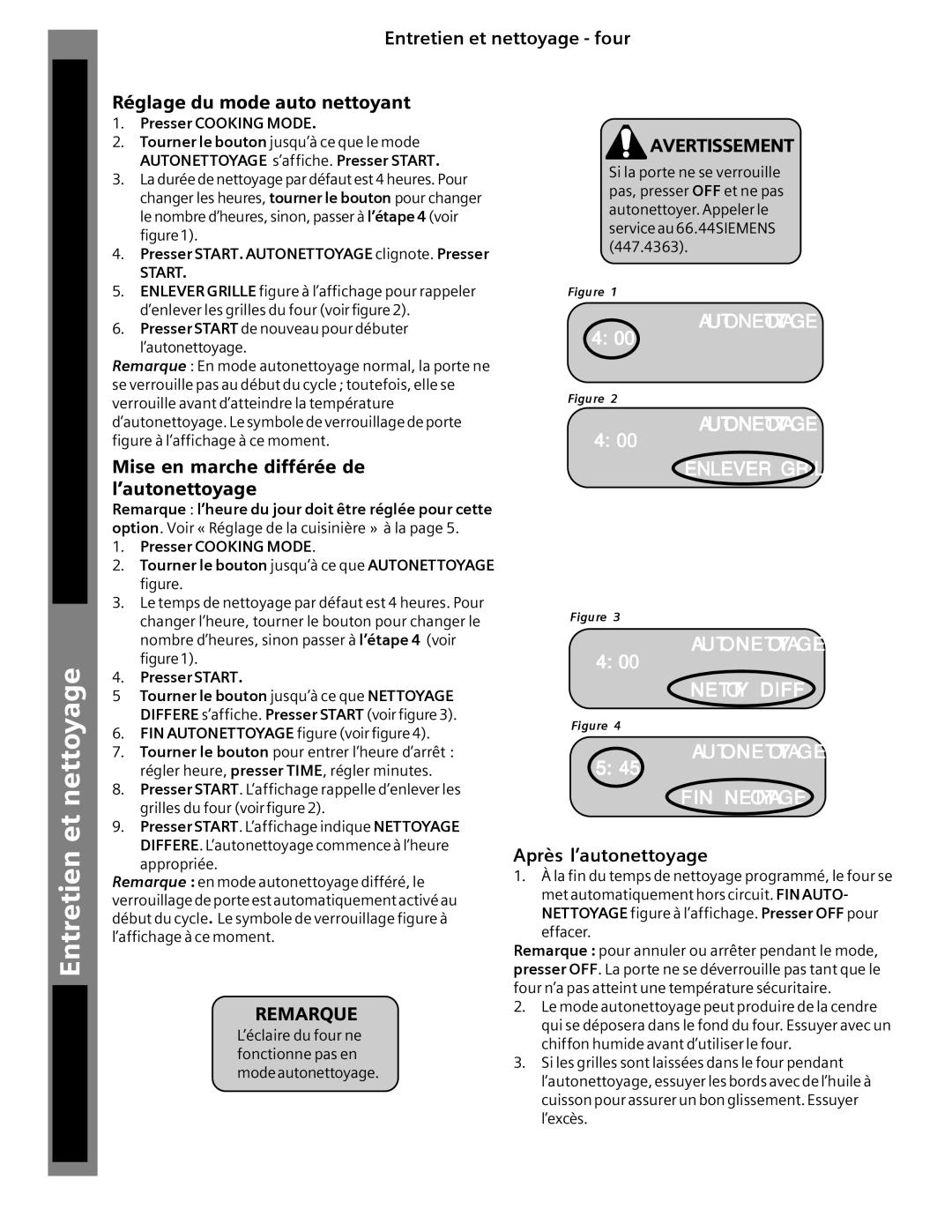 Siemens HG2515UC Entretien et nettoyage four, Réglage du mode auto nettoyant, Mise en marche différée de l’autonettoyage 